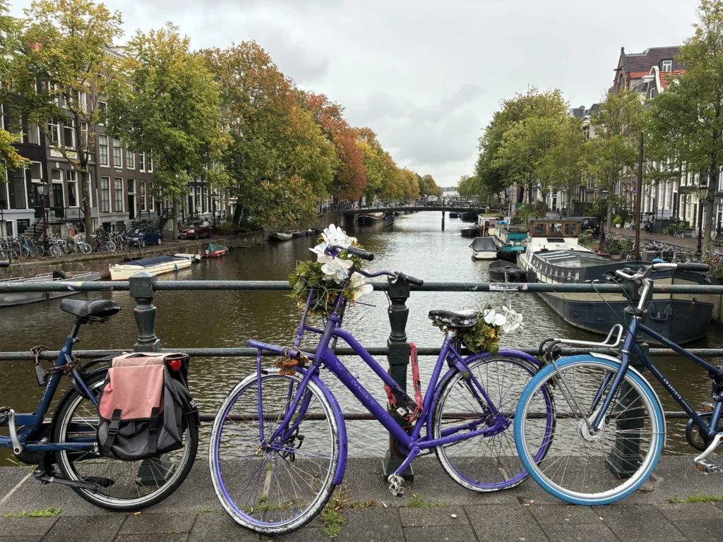 Una bicicleta de color morado decorada con flores blancas artificiales en un puente sobre el canal Prinsengracht en Ámsterdam.